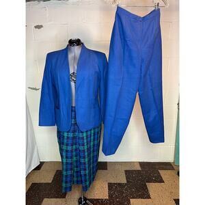 suit skirt pants blazer blue green checked skirt